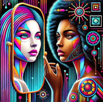 A Black woman looks at her reflection in a mirror, only to see a false image of a white woman.