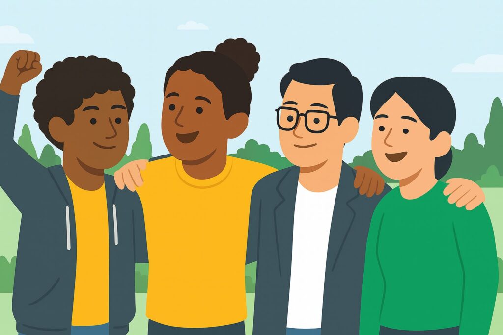 multicultural students laughing together outdoors